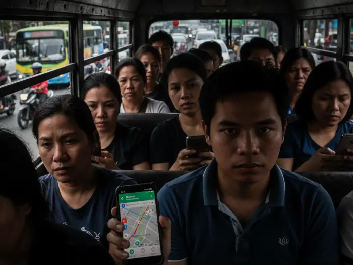 Filipino commuter using smartphone navigation and apps during Manila commute.