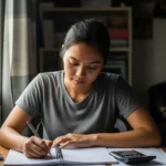 Filipino young professional budgeting monthly expenses using the 50/30/20 rule.