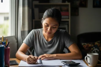 Filipino young professional budgeting monthly expenses using the 50/30/20 rule.