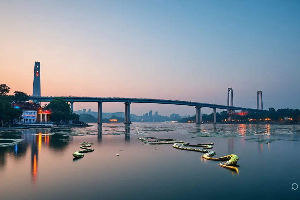 cityscape of Hanoi along the Red River with mythical elements