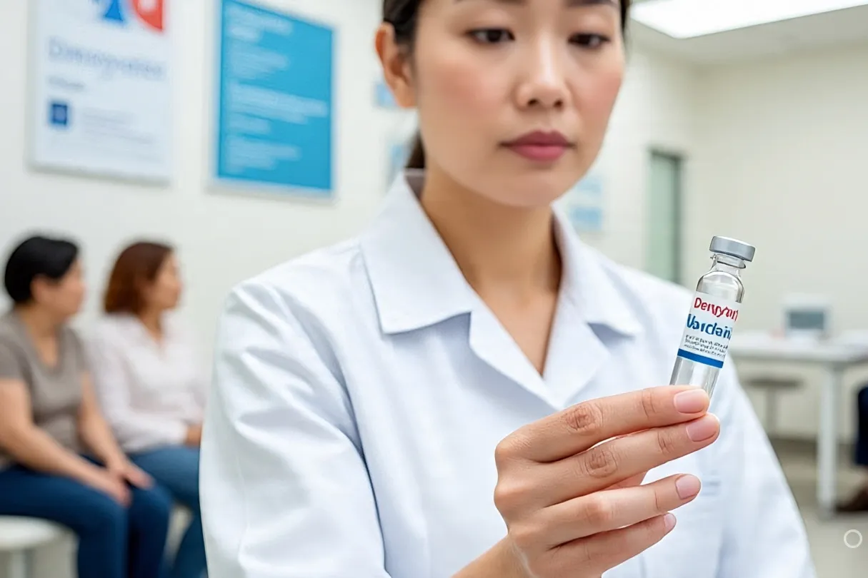 A healthcare worker in a clean Singapore clinic holding a Dengvaxia vaccine vial