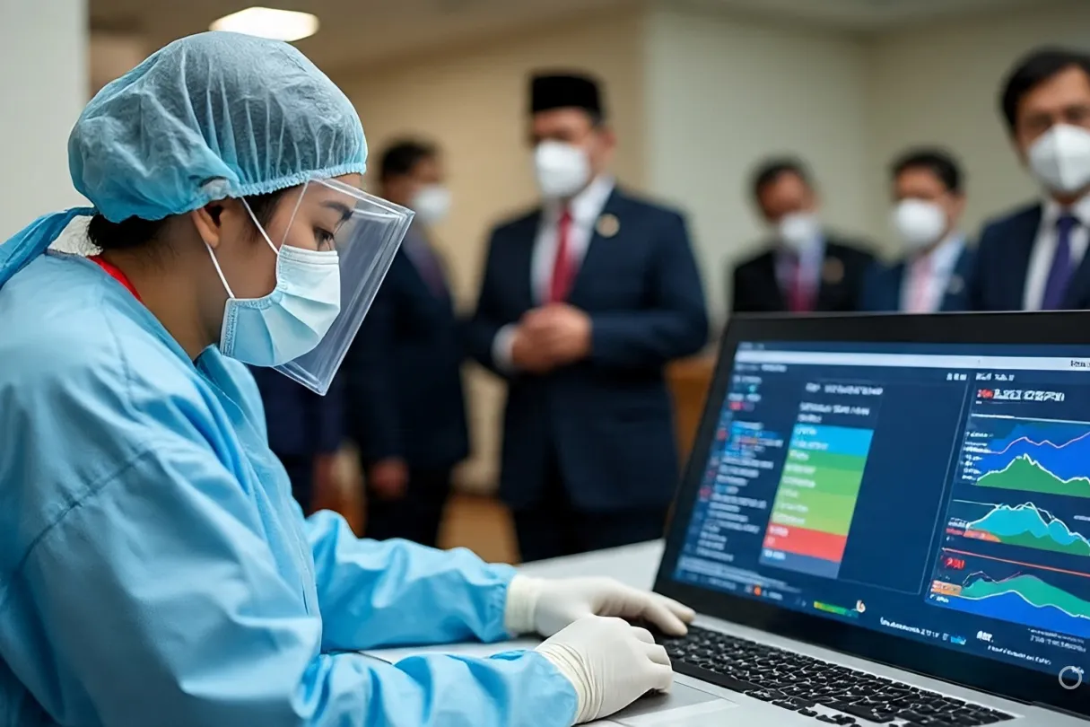 A Malaysian health worker in full PPE reviewing COVID-19 data on a digital dashboard