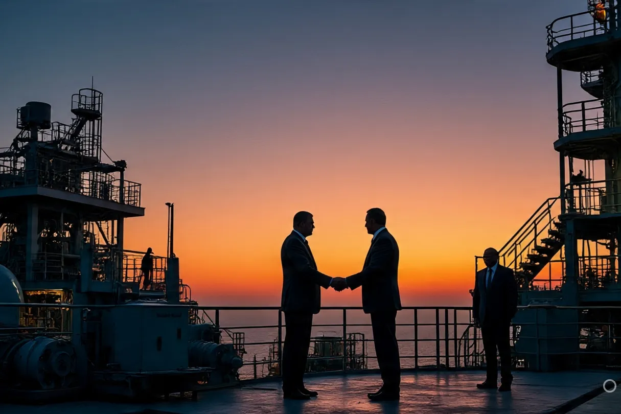 A Petronas offshore oil platform at sunset, with overlapping silhouettes of foreign businessmen shaking hands in the background, suggesting secrecy and high-stakes negotiation.