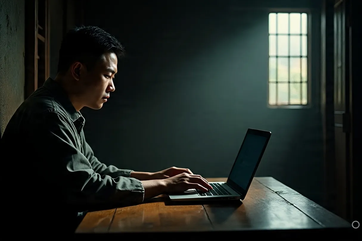 Vietnamese journalist typing on a laptop
