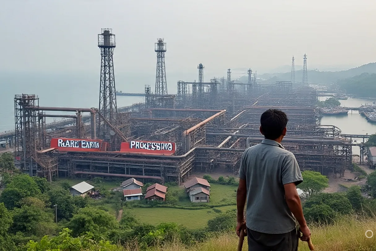 A rare earth processing plant surrounded by industrial towers near a Malaysian coastline