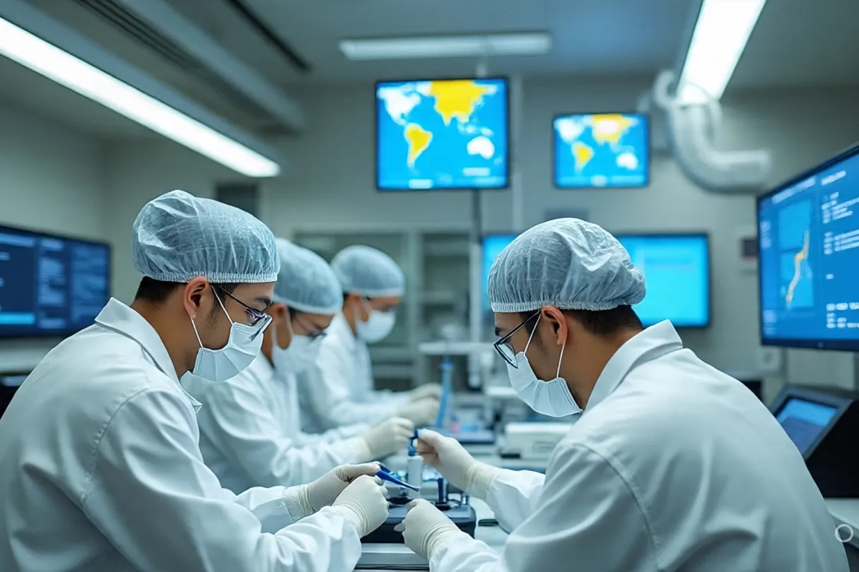 A sleek biomedical lab in Singapore with scientists in PPE