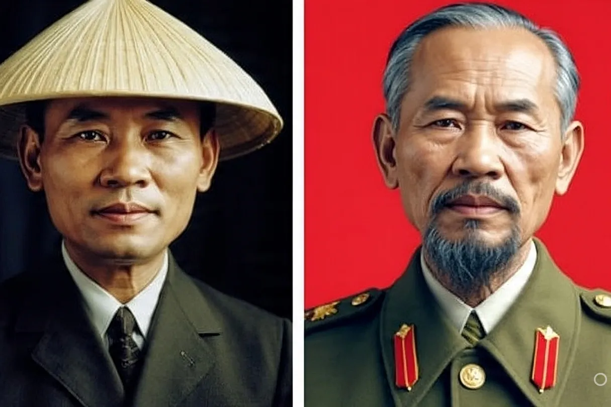 A split image showing two different portraits of Ho Chi Minh