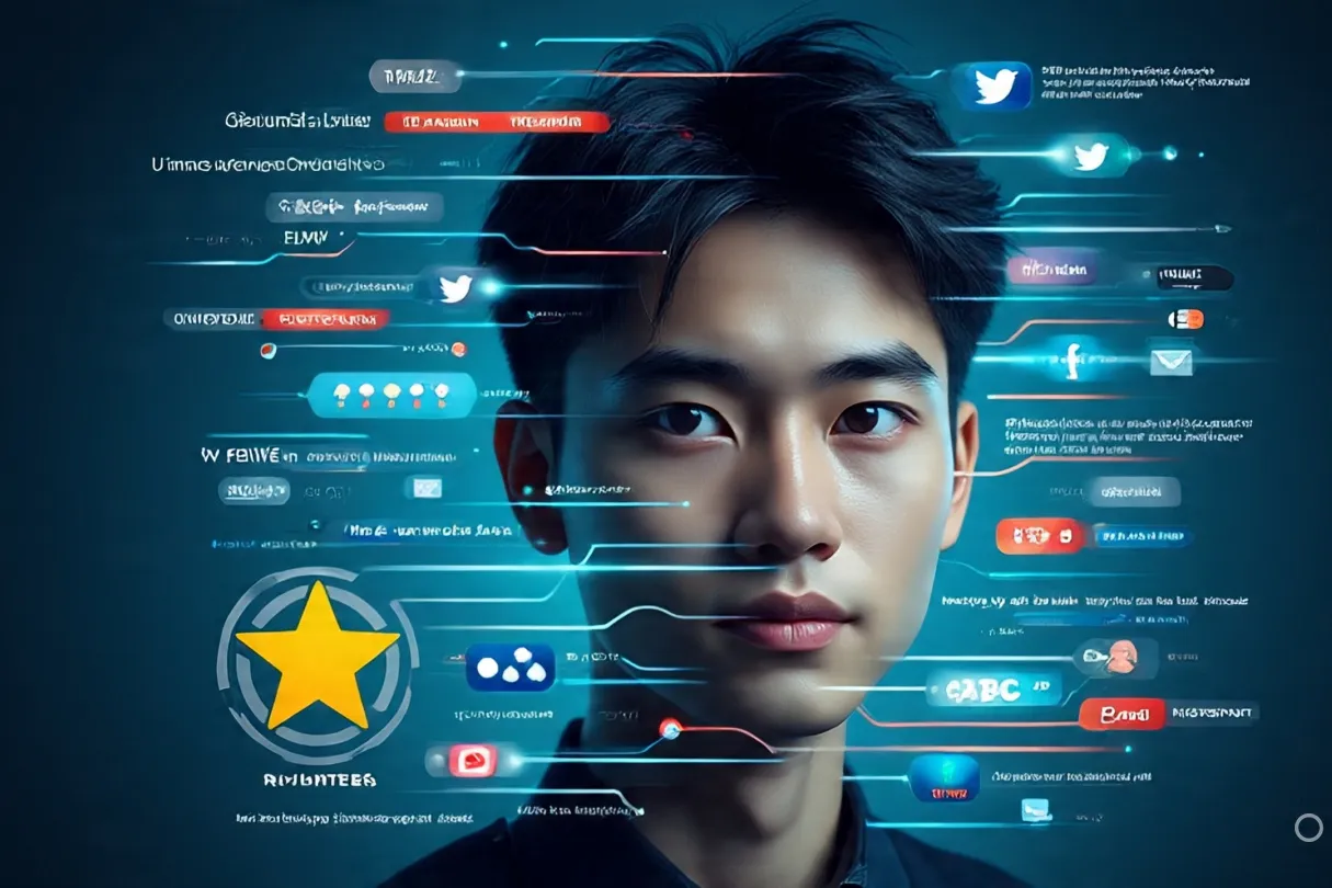 Vietnamese person's head with a stream of digital information