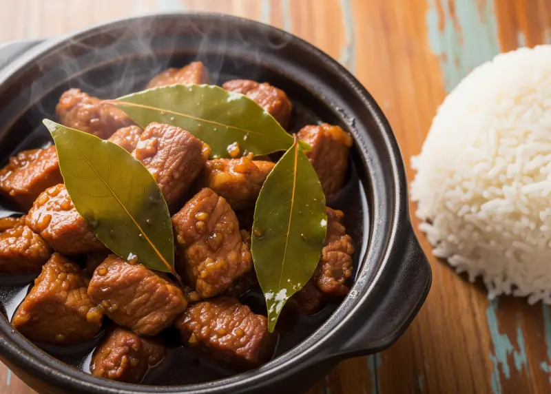 Pork adobo with garlic and bay leaves served in a bowl.