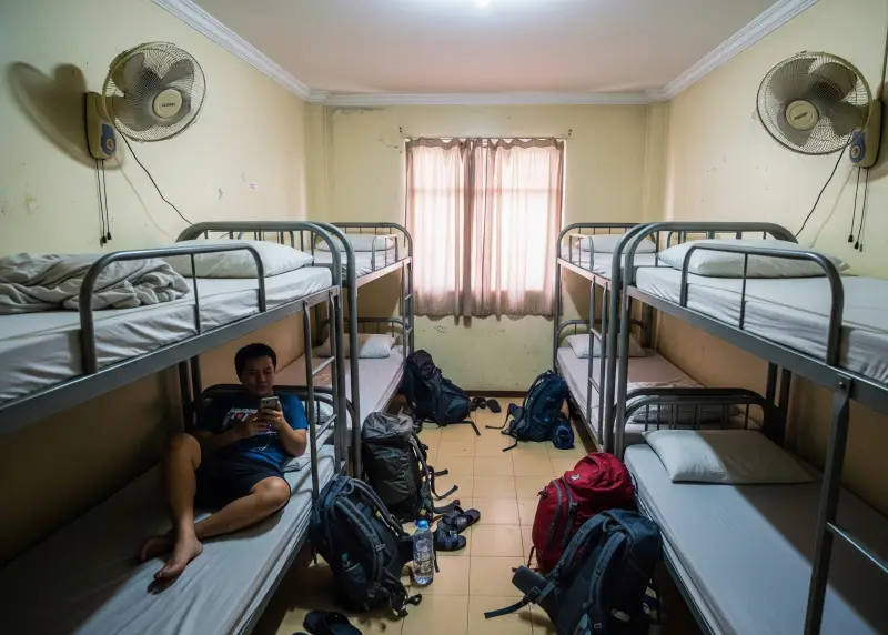 Budget hostel dorm room in Manila with bunk beds and backpackers.
