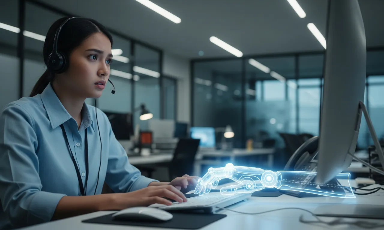 A worried Filipino worker looking at an AI robot hand, symbolizing the fear of AI replacing jobs in the Philippines.