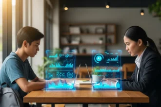 Filipino students and workers using laptops with glowing AI-generated text and charts on screen.