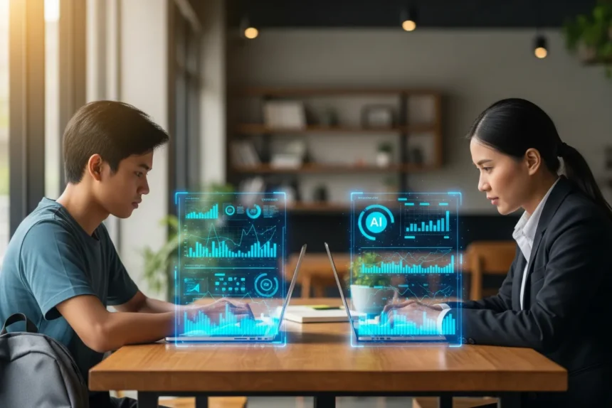ai tools philippines Filipino students and workers using laptops with glowing AI-generated text and charts on screen.