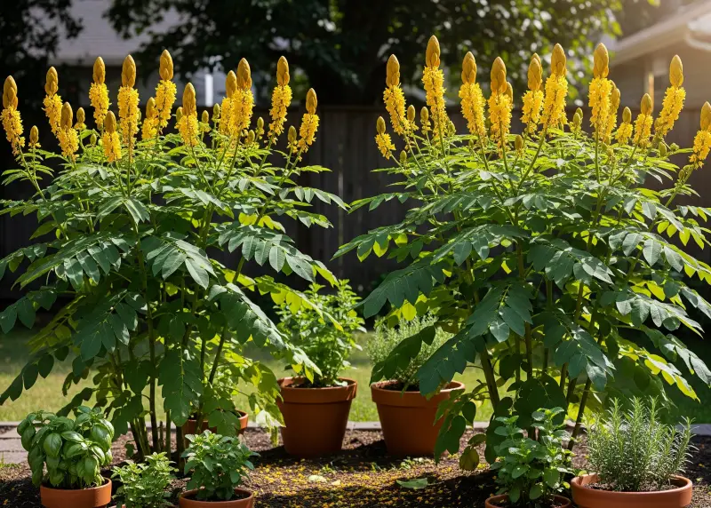 Akapulko plant with yellow flowers growing in a backyard garden.