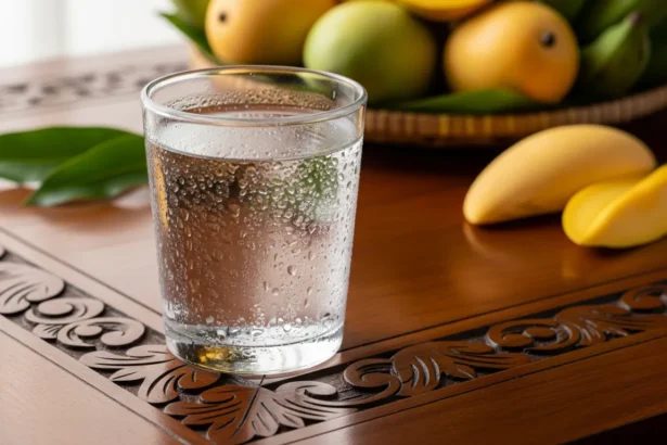 A glass of alkaline water on a wooden Filipino dining table with fruits in the background.