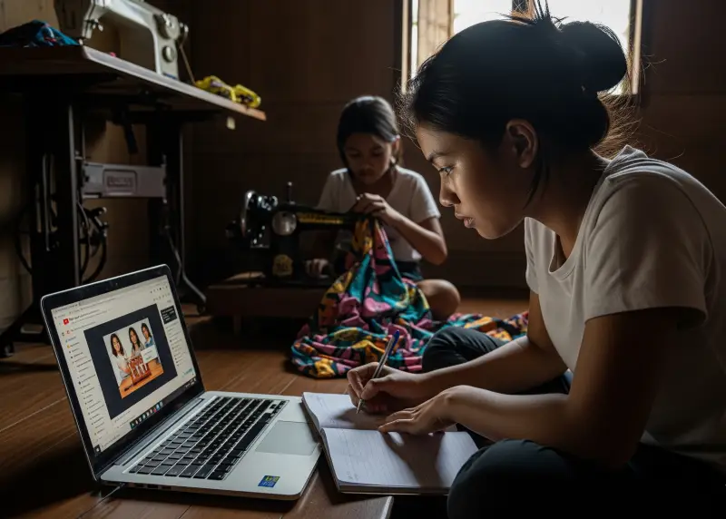 Filipino youth learning online courses on a laptop while sibling sews in background.