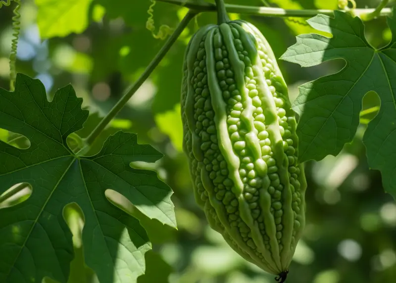 Close-up of Ampalaya fruit on the vine, used as herbal medicine for diabetes.