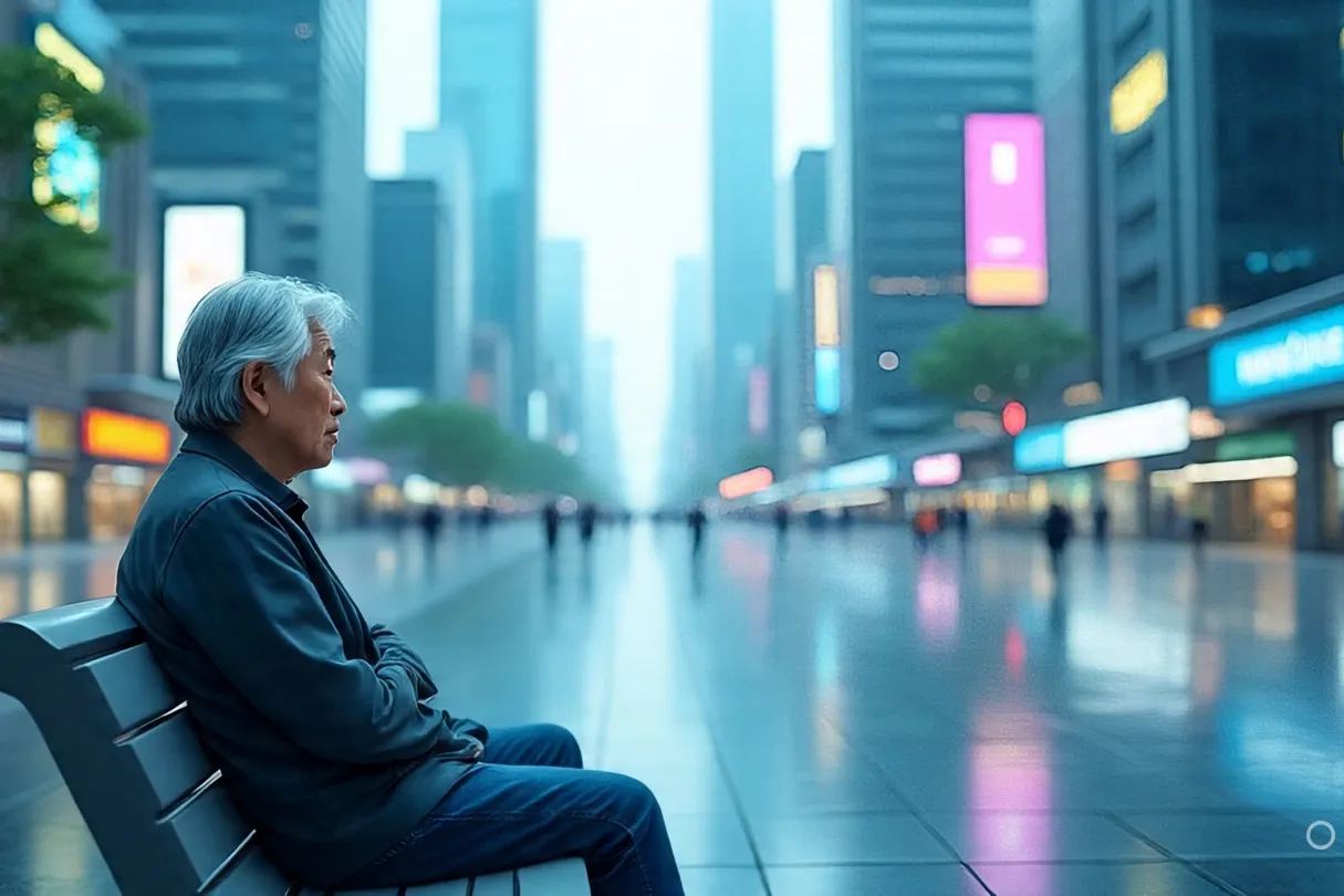 An older couple sitting on a park bench in a futuristic