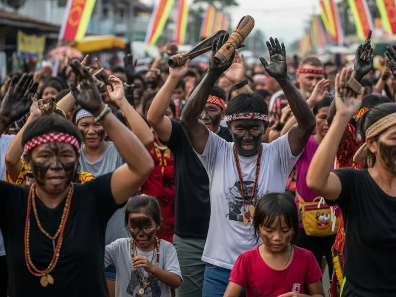Locals and tourists dancing together at Ati-Atihan Festival in Kalibo.