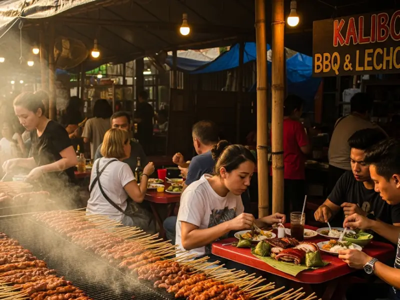Tourists and locals enjoying barbecue and lechon at a food stall in Kalibo.