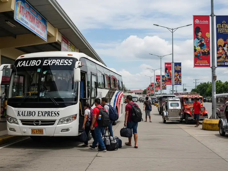 Travelers arriving in Kalibo by bus for the Ati-Atihan Festival.