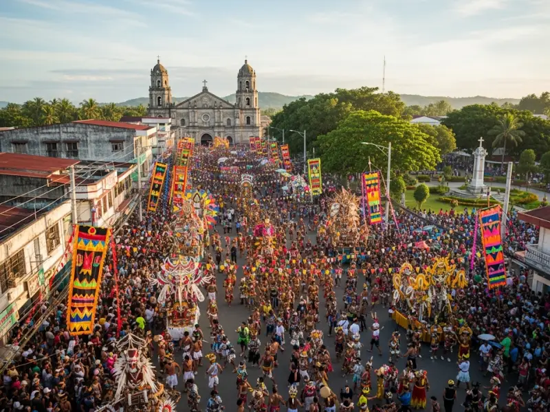 Drone view of Kalibo during Ati-Atihan Festival with crowds and parades.