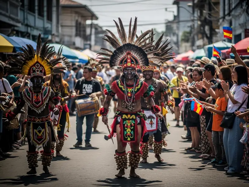 Dancers and festival-goers in soot-painted faces and costumes at Ati-Atihan Festival.
