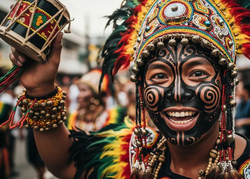 Close-up of a dancer with soot-painted face and tribal attire in Ati-Atihan.