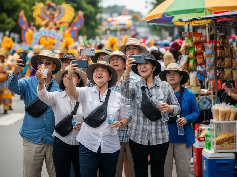 Tourists at Ati-Atihan with water, hats, and umbrellas for comfort.