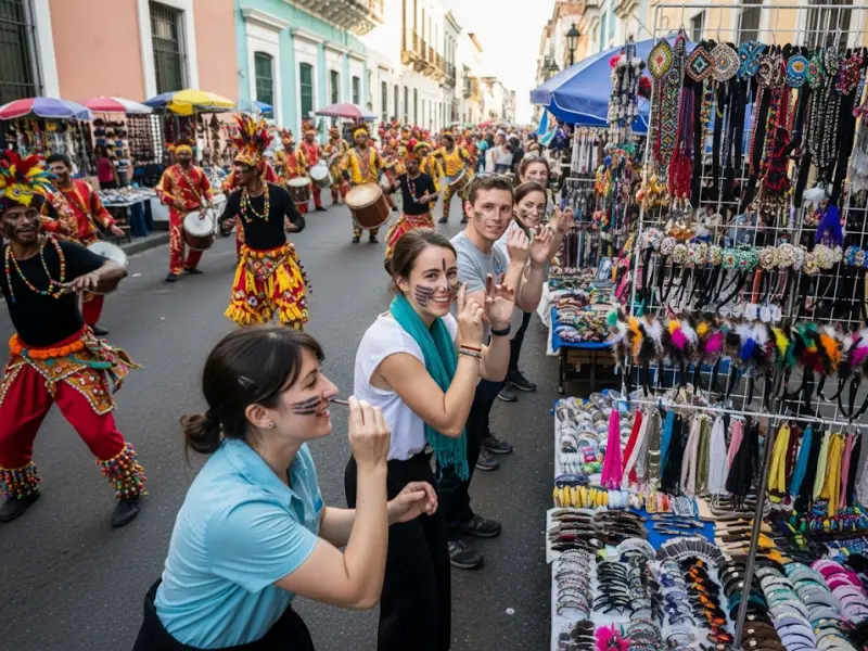 Dancers and tourists joining in the Ati-Atihan street dance in Kalibo.