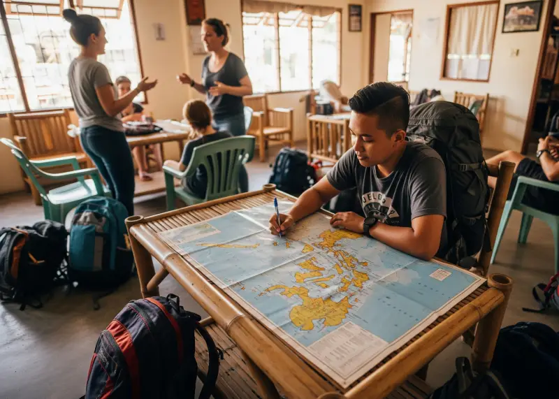 Backpacker marking a map of the Philippines in a simple hostel common area.