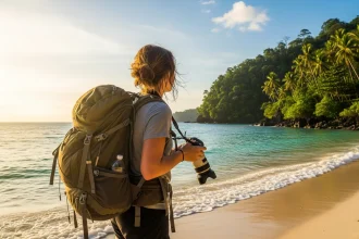A backpacker on a beautiful, quiet beach in Siargao, Mindanao, challenging the misconception of the region as unsafe.