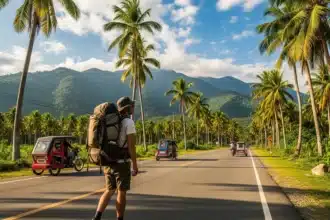 A Filipino backpacker walking along a tropical road with palm trees and mountains in the Philippines.