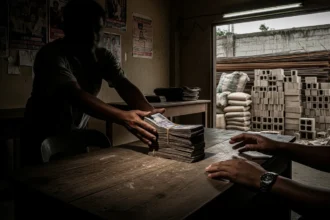 A shadowy figure exchanging money in a barangay hall, symbolizing corruption in local government.
