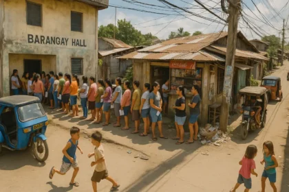 Residents lining up at a barangay hall in the Philippines showing daily struggles with governance.