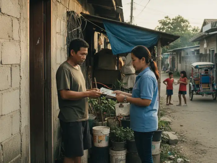 Resident reluctantly giving money for barangay project donations.