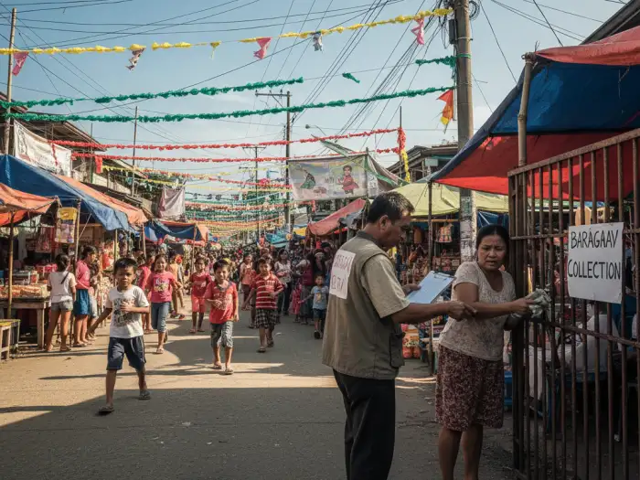 Resident approached for hidden fiesta contributions during a barangay celebration.