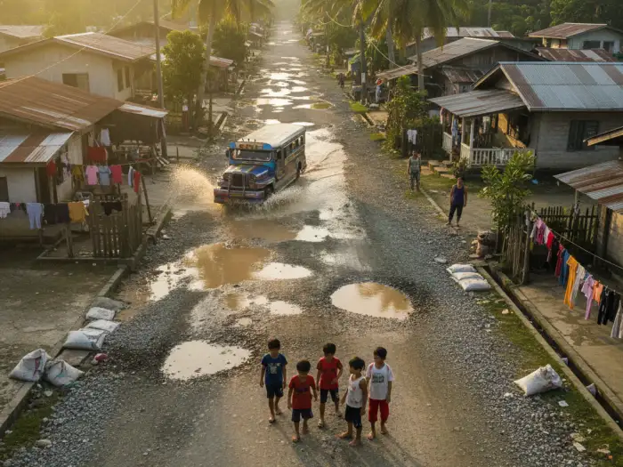 Unfinished barangay road project showing ghost projects that burden residents.
