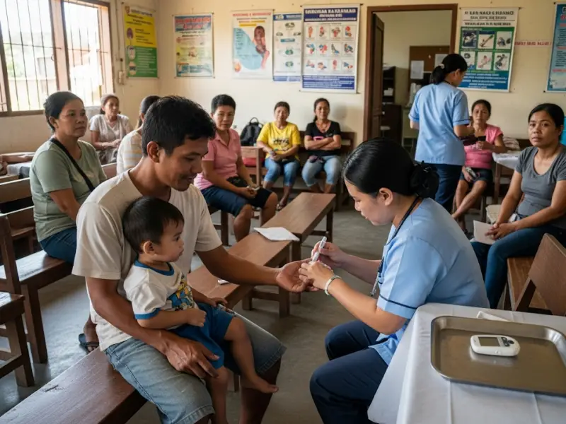 Filipino father having his blood sugar checked at a barangay clinic.