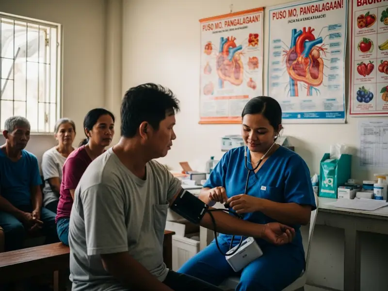 Filipino man having his blood pressure checked at a barangay clinic.