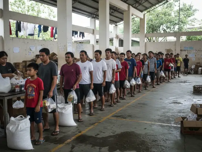 Barangay residents receiving incomplete relief goods after a typhoon.