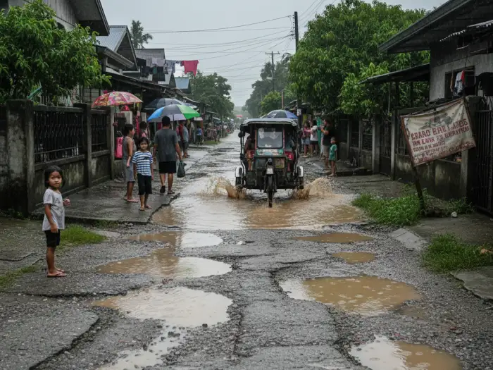 Poorly repaired barangay road forcing higher transport and vehicle repair costs.