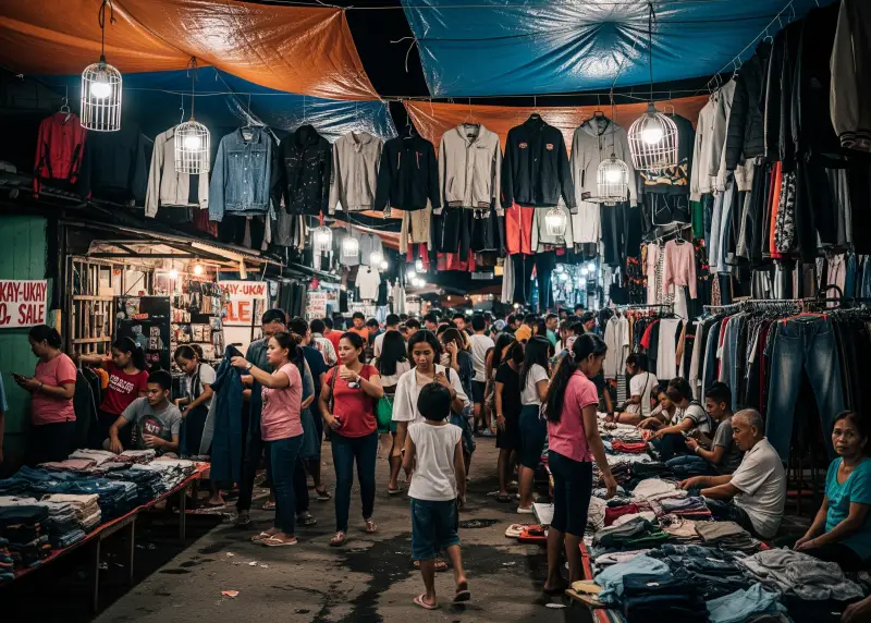 Barangay ukay-ukay night sale with locals browsing under bright lights.