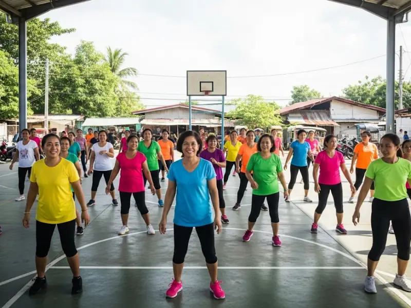 Filipinos in a barangay Zumba session as part of diabetes prevention.