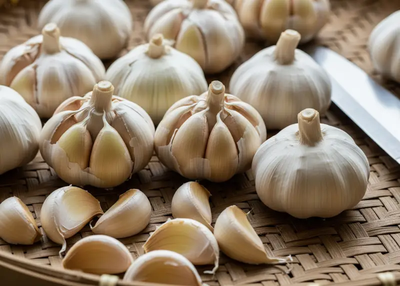 Garlic bulbs and cloves on a woven bilao basket.