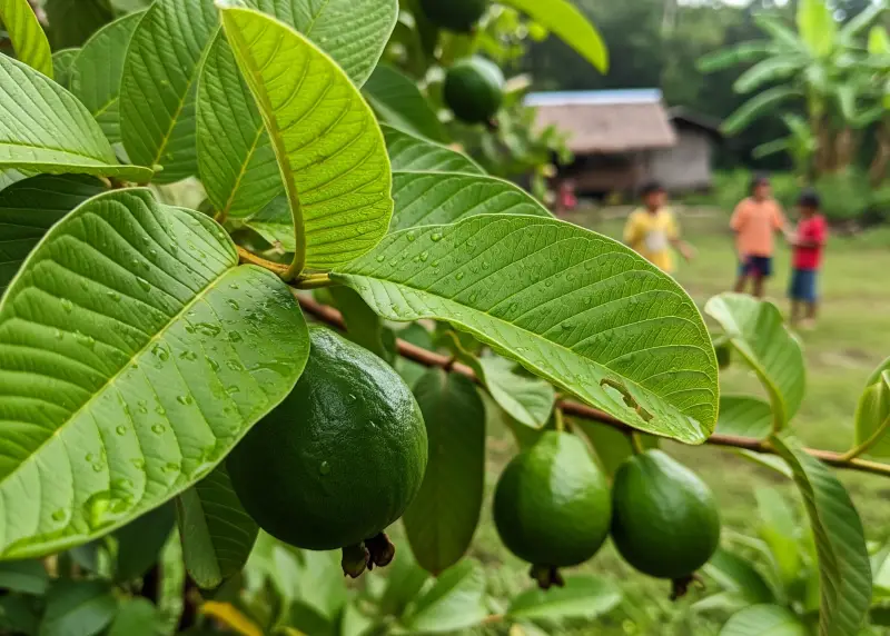 Guava tree with fruits in a Filipino rural backyard.