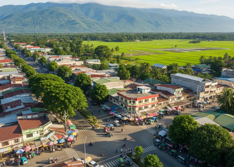 Aerial view of Bayugan City surrounded by greenery and farmlands.
