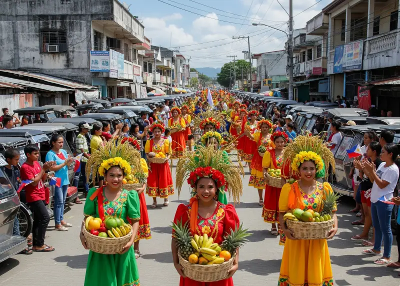 Street parade in Bayugan City with dancers in colorful costumes celebrating harvest.