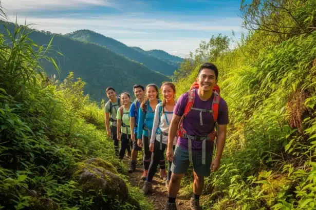 Filipino hikers enjoying a beginner-friendly mountain trail with greenery and scenic views.