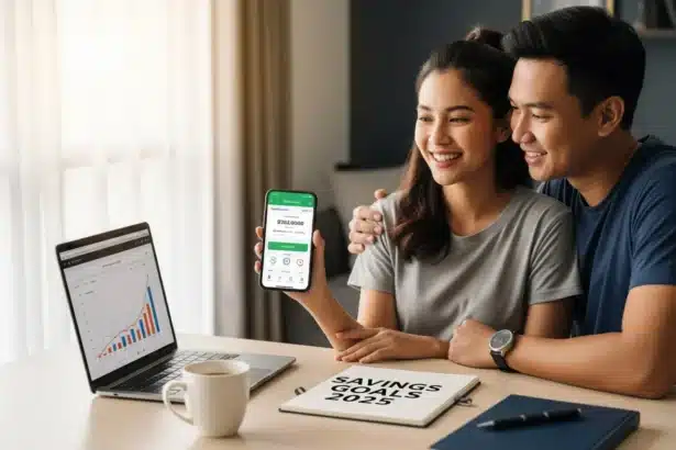 A Filipino couple checking their savings app with smiles, symbolizing the best banks for savings in 2025.